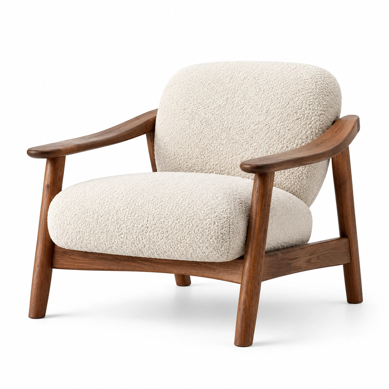 Fauteuil rembourré en tissu bouclé écru et bois brun avec accoudoirs, 78 × 82 × 78 cm