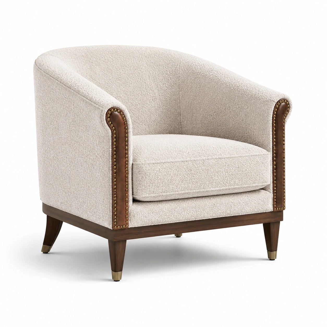 Fauteuil 1 place en tissu bouclé écru et bois brun, 86 × 83 × 80 cm, style classique contemporain