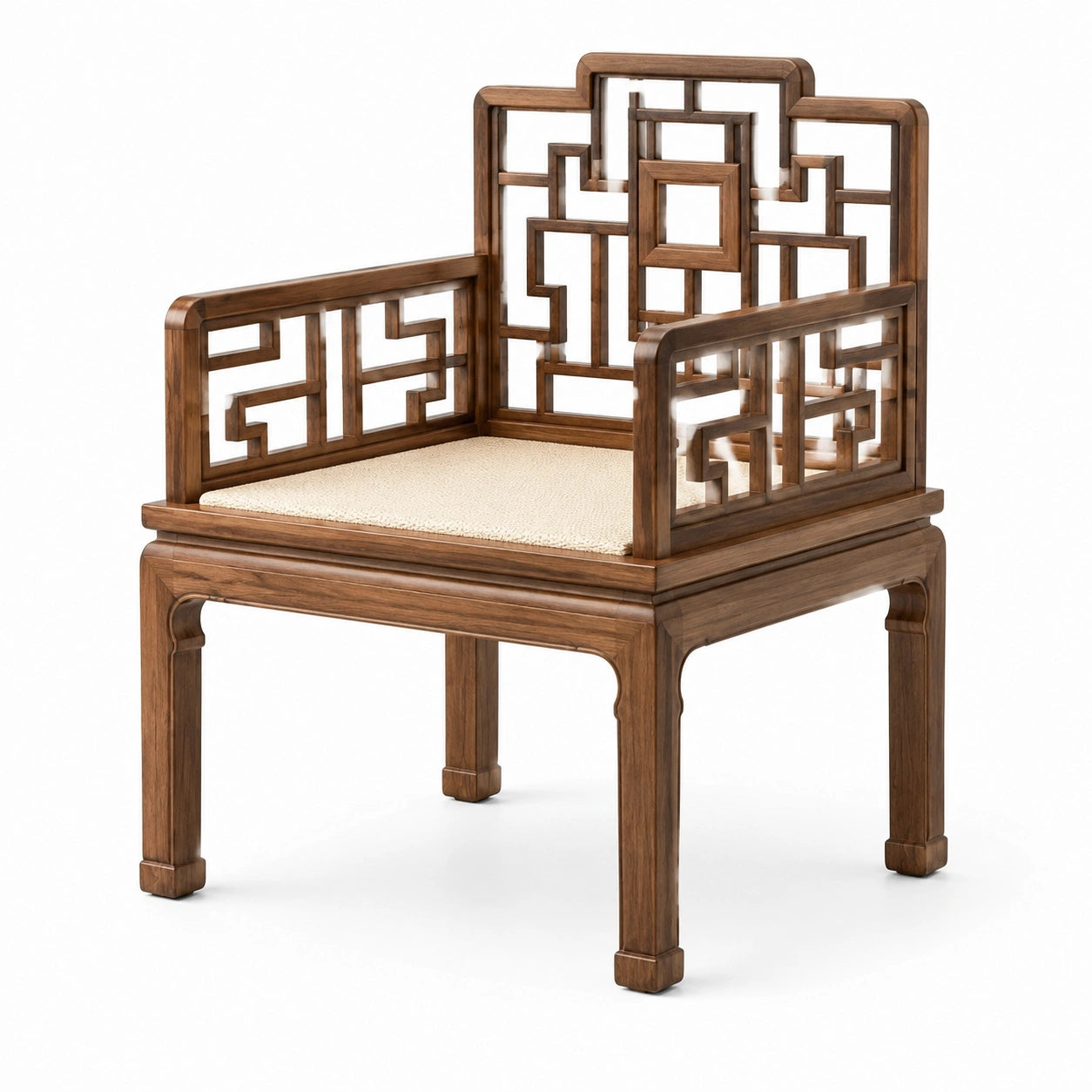 Fauteuil en bois brun avec assise en textile beige et motifs géométriques ajourés, 70 × 63 × 102 cm