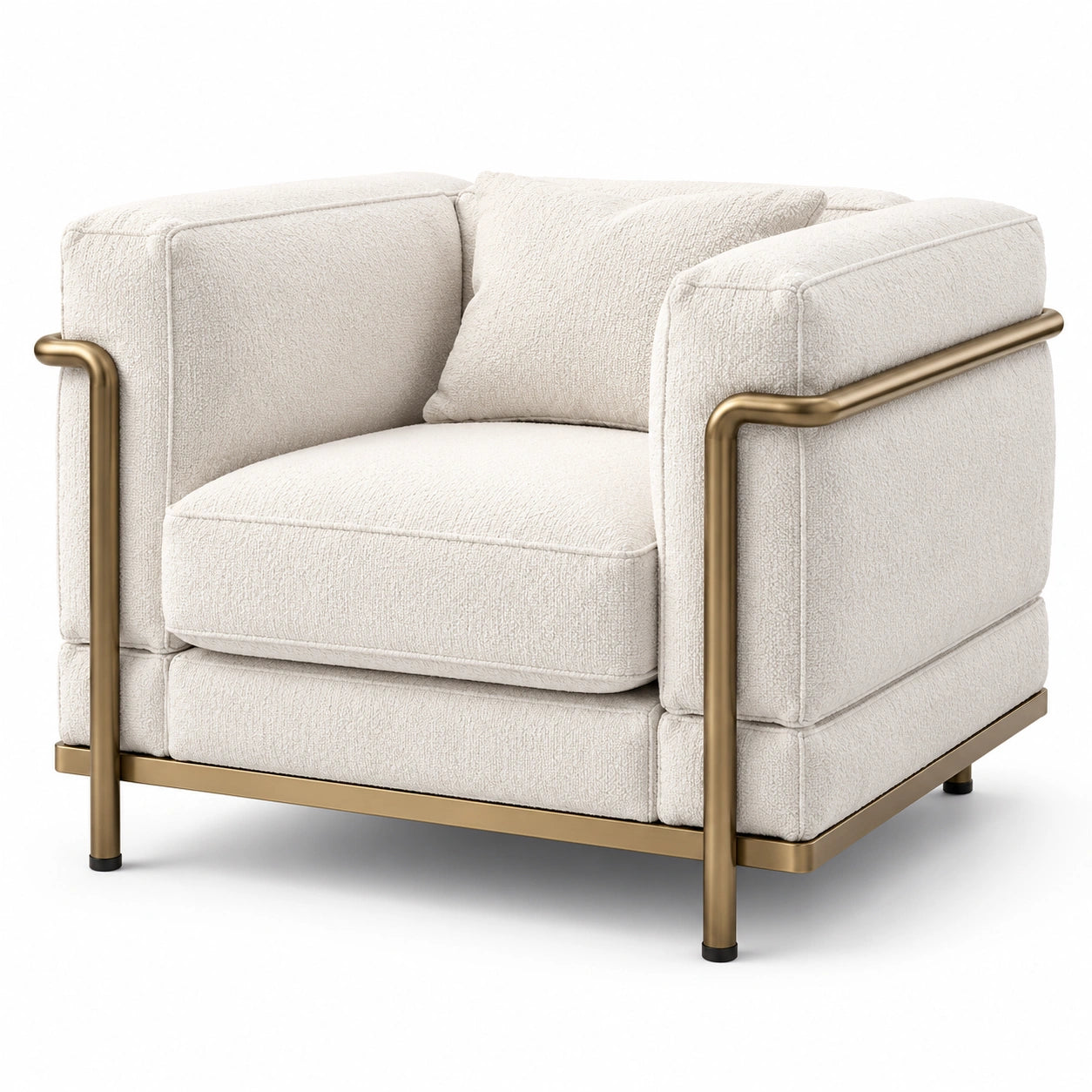 Fauteuil contemporain en tissu bouclé écru avec structure en métal doré, 102 × 91 × 78 cm