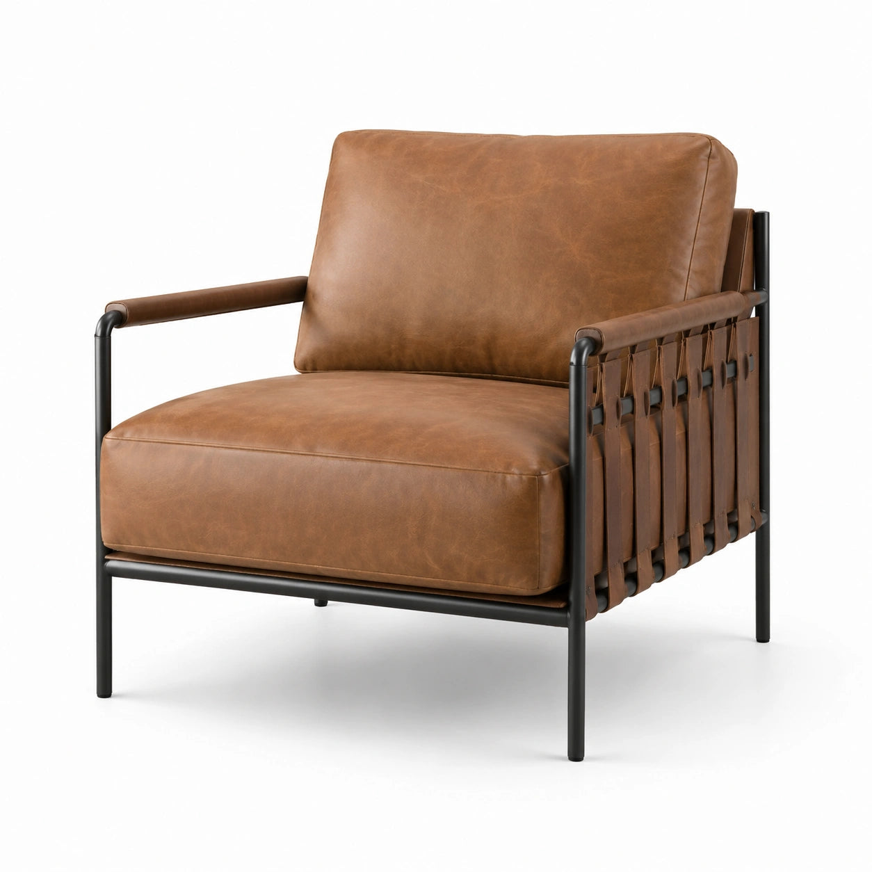 Fauteuil 78 × 83 × 82 cm, revêtement synthétique aspect cuir marron et structure en métal noir