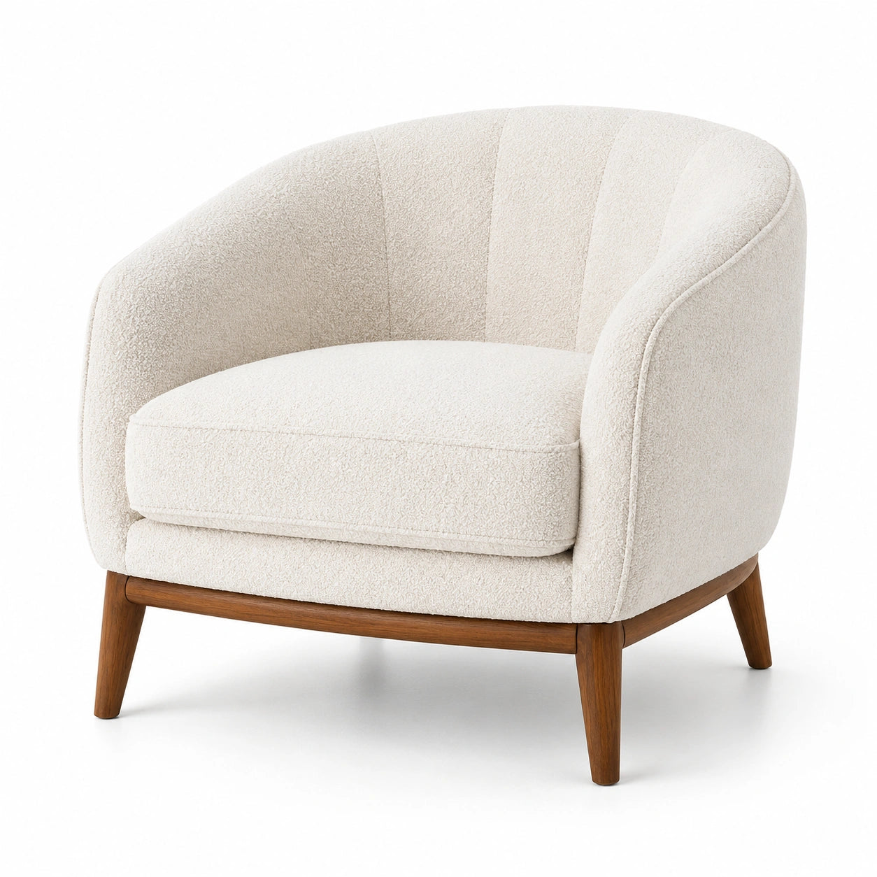 Fauteuil contemporain en tissu bouclé blanc cassé avec pieds en bois marron, 85 × 80 × 78 cm