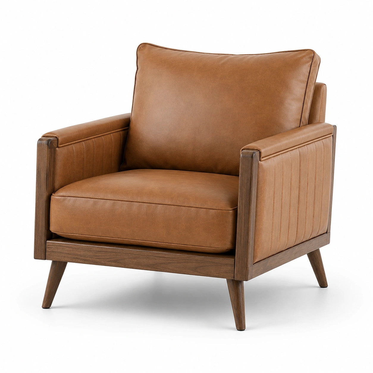 Fauteuil rétro moderne en bois brun et revêtement aspect cuir cognac, 80 x 85 x 88 cm