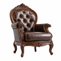 Fauteuil classique capitonné marron foncé en similicuir et bois sculpté, 90 × 85 × 115 cm