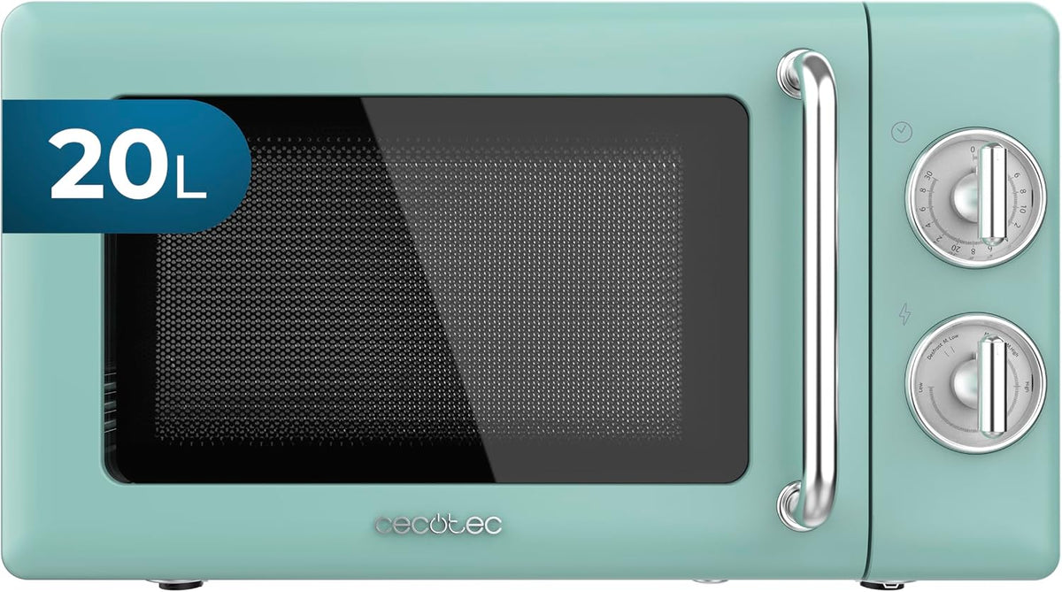 Cecotec Micro-ondes Mécanique 20L Proclean 3010 Retro Green 700W, Minuterie 30 min, Mode Décongélation, 6 Niveaux, Éclairage Intérieur