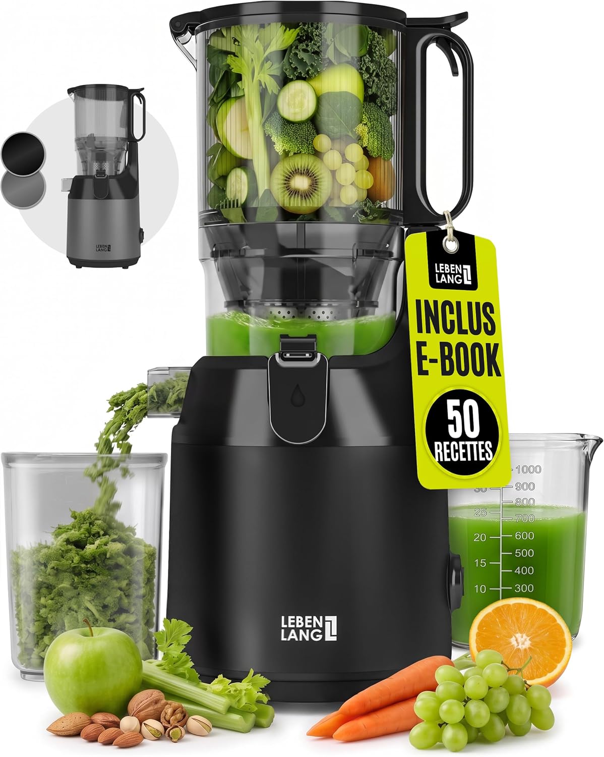 LEBENLANG Centrifugeuse extracteur de jus - grande ouverture de 130 mm, Livre de recettes incl. I Parfait pour les fruits et légumes entiers 100% sans