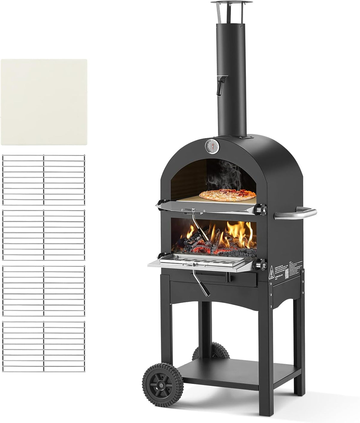 VEVOR Four à Pizza d'Extérieur 12 pouces 305 mm, Four à Granulés de Bois 2 Niveaux, avec Deux Roues Amovibles, Température Maximale de 538 °C