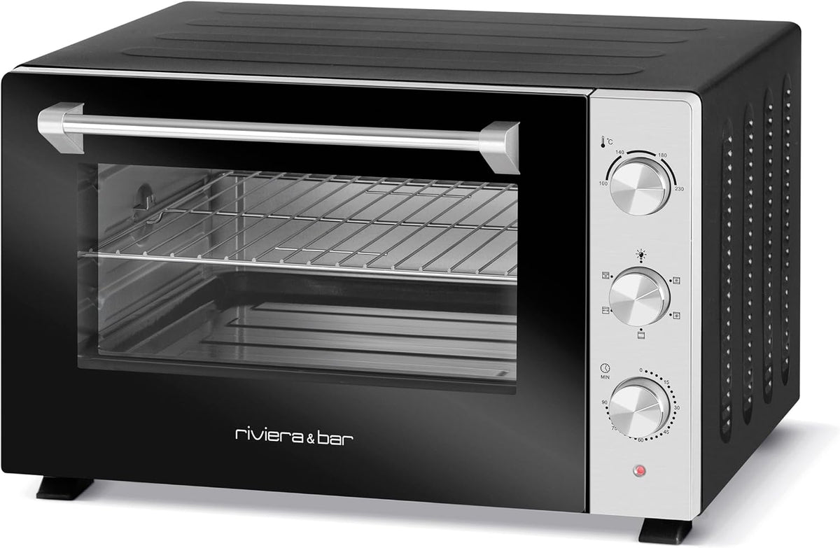 riviera&bar Four Posable Parois Tempérées - 1500W, 30L Inox - 5 Modes de Cuisson - Minuterie 90 min - Double Paroi Isolante - Accessoires Inclus