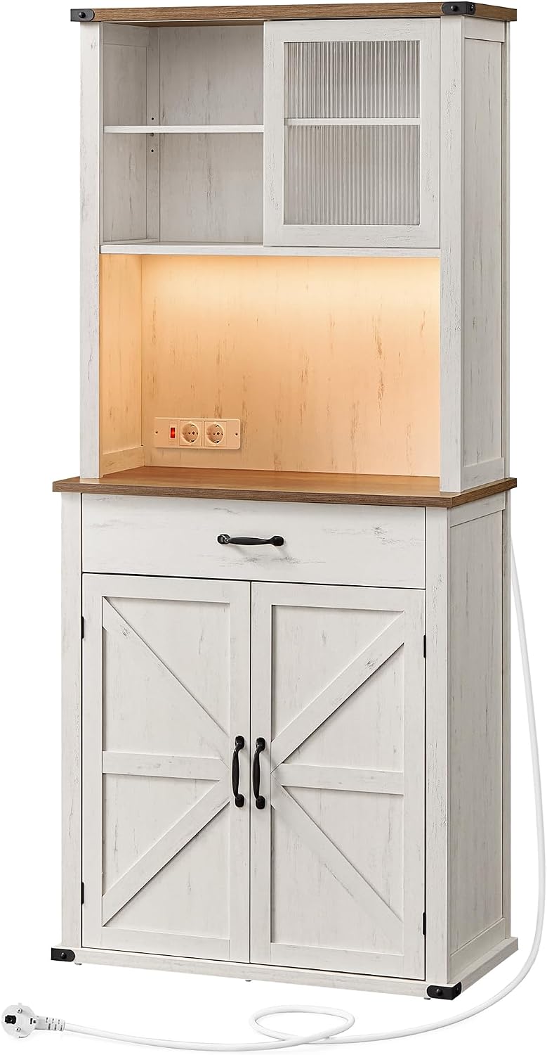 VASAGLE Meuble de Rangement avec Lumières et Chargeur, Placard de Cuisine, avec Portes et Tiroirs, 39,5 x 80,4 x 180,6 cm, Étagères Réglables