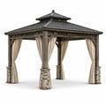Pavillon de jardin rectangulaire en bois gris et brun, 400 × 300 × 330 cm, avec rideaux beiges et toit à double niveau