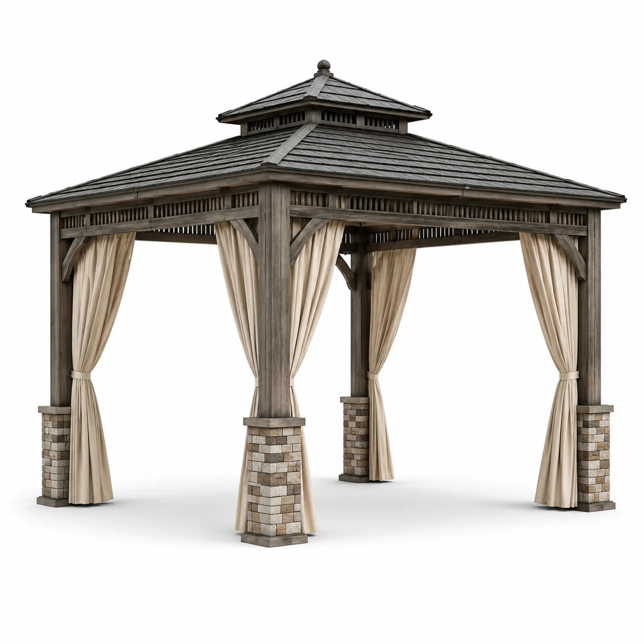 Pavillon de jardin rectangulaire en bois gris et brun, 400 × 300 × 330 cm, avec rideaux beiges et toit à double niveau