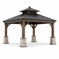 Pavillon de jardin rectangulaire 400 × 300 × 330 cm en bois marron avec toit métallique anthracite et bases aspect pierre beige