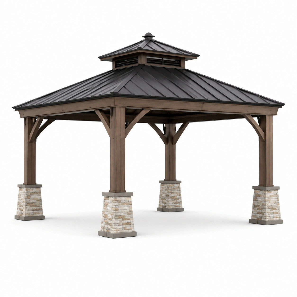 Pavillon de jardin rectangulaire 400 × 300 × 330 cm en bois marron avec toit métallique anthracite et bases aspect pierre beige