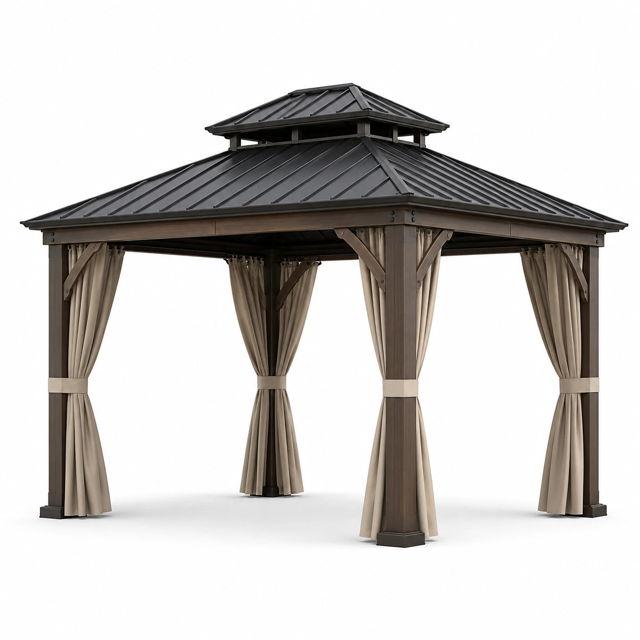Tonnelle de jardin 300 × 300 × 280 cm, brune effet bois, toit rigide anthracite et rideaux beiges