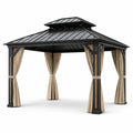 Tonnelle de jardin carrée 300 × 300 × 280 cm en métal noir avec toit rigide à double niveau et rideaux beiges