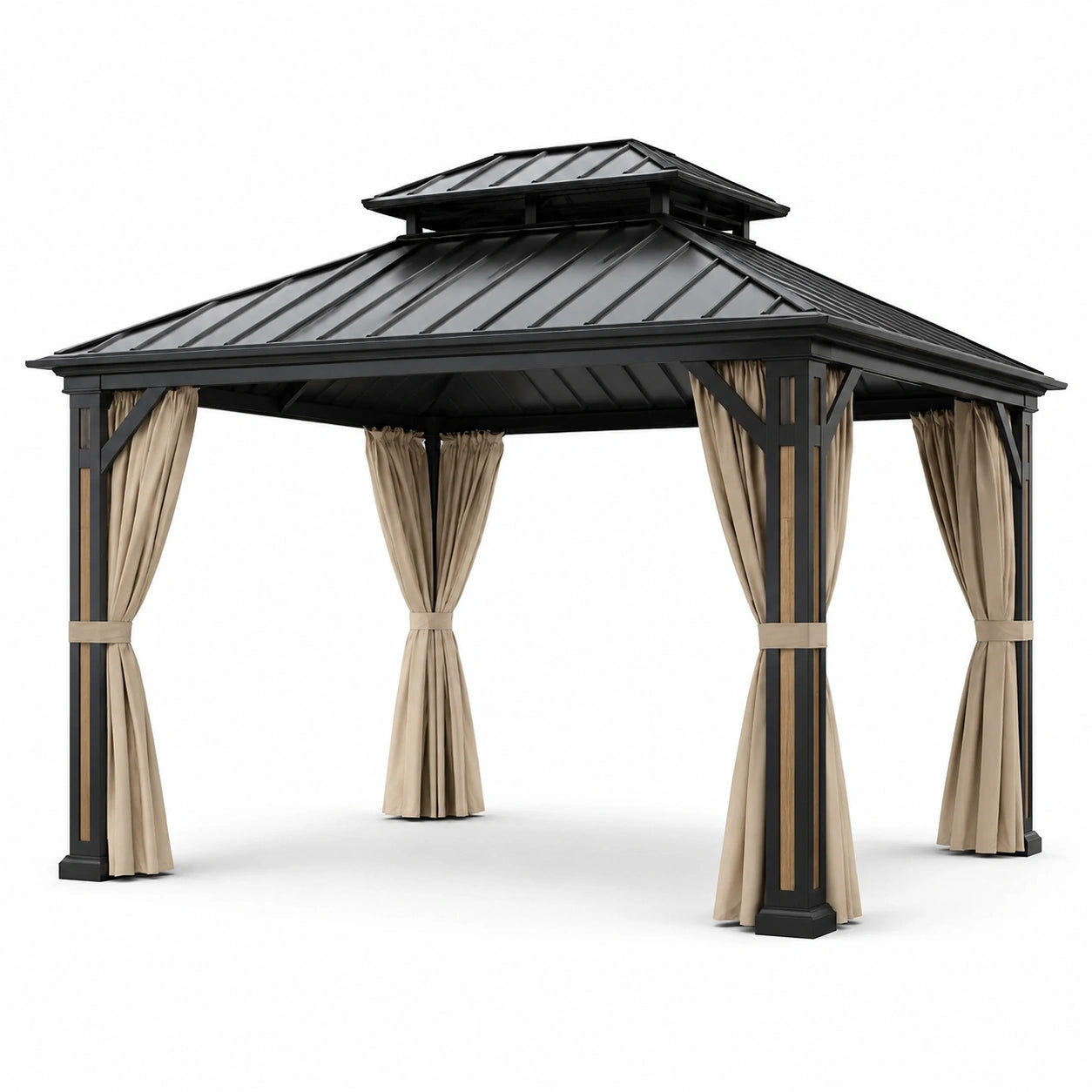 Tonnelle de jardin carrée 300 × 300 × 280 cm en métal noir avec toit rigide à double niveau et rideaux beiges