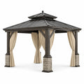 Pavillon carré en métal brun foncé 365 × 365 × 320 cm avec toit rigide à double niveau et rideaux beiges