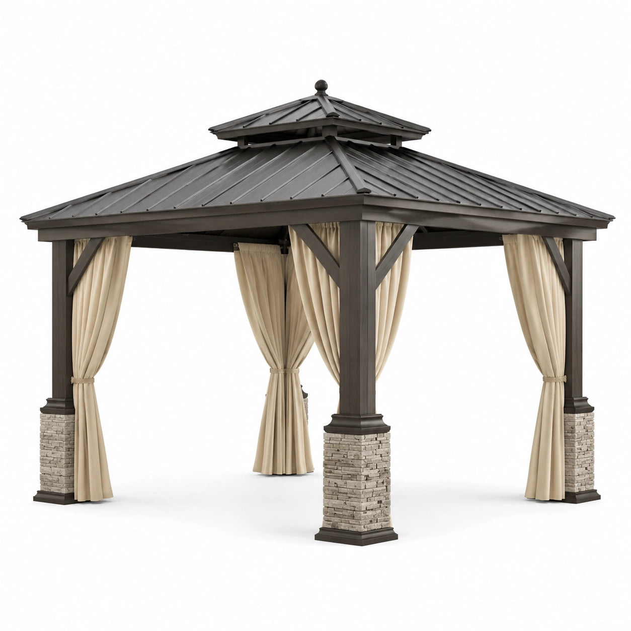 Pavillon carré en métal brun foncé 365 × 365 × 320 cm avec toit rigide à double niveau et rideaux beiges
