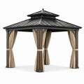 Tonnelle de jardin carrée 300 × 300 × 290 cm en métal anthracite avec panneaux aspect bois, rideaux beiges et double toit rigide ventilé