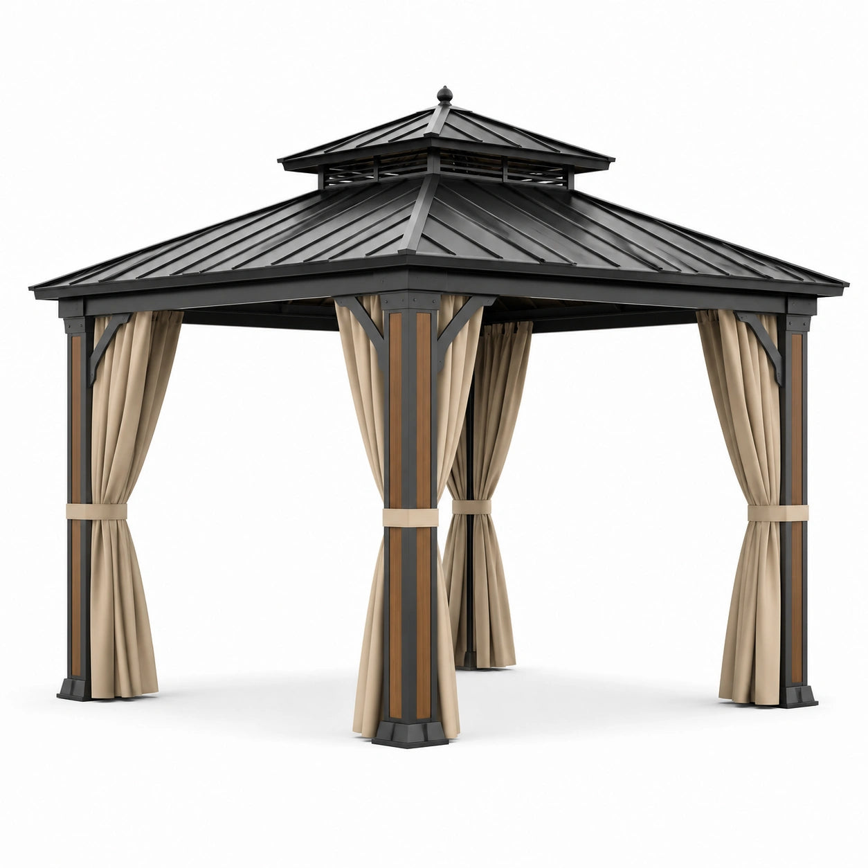 Tonnelle de jardin carrée 300 × 300 × 290 cm en métal anthracite avec panneaux aspect bois, rideaux beiges et double toit rigide ventilé