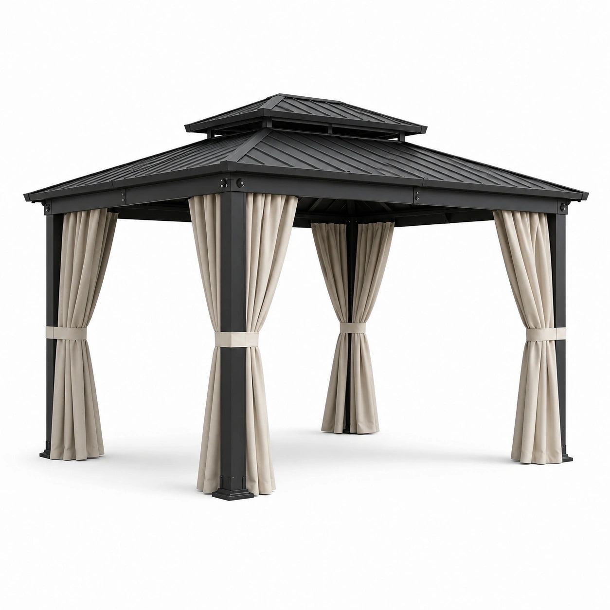 Pavillon de jardin anthracite et beige avec rideaux et double toit en métal, 300 × 300 × 285 cm