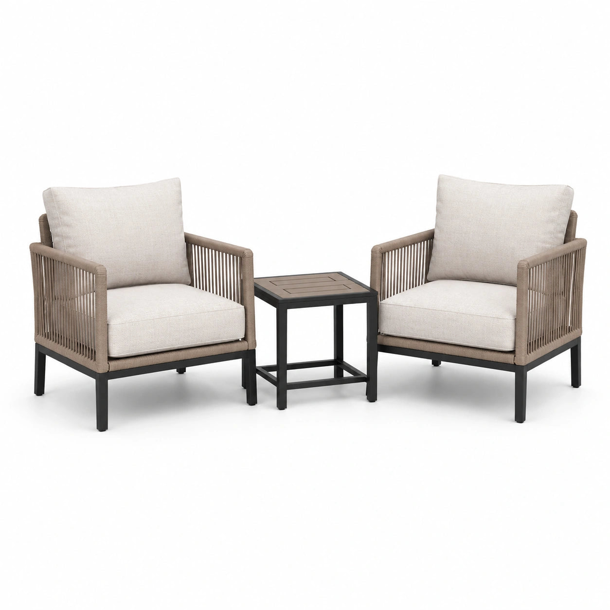 Ensemble 3 pièces avec 2 fauteuils 76 × 74 × 82 cm et table 50 × 50 × 50 cm, beige, taupe et noir