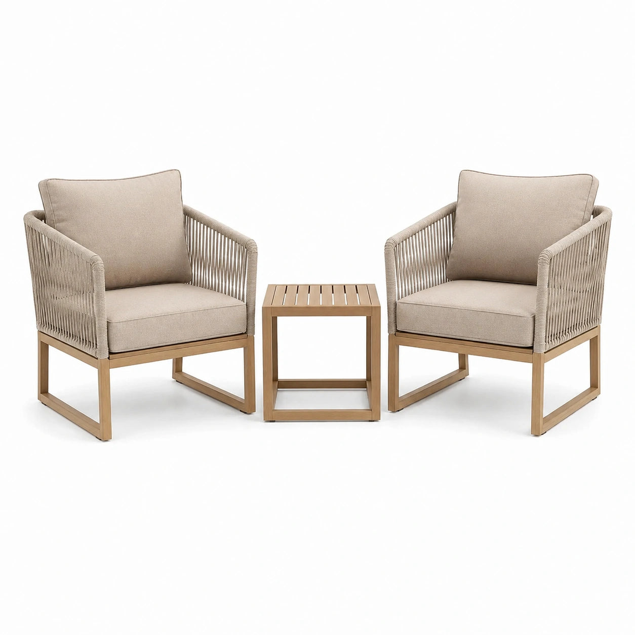 Ensemble 3 pièces avec 2 fauteuils 70 × 72 × 82 cm et table 45 × 45 × 48 cm, beige et marron clair