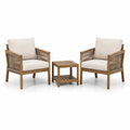 Salon de jardin 3 pièces en bois brun, corde beige et coussins écrus – 2 fauteuils 75 × 76 × 82 cm et table 50 × 50 × 52 cm