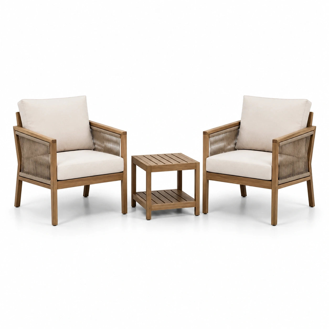 Salon de jardin 3 pièces en bois brun, corde beige et coussins écrus – 2 fauteuils 75 × 76 × 82 cm et table 50 × 50 × 52 cm