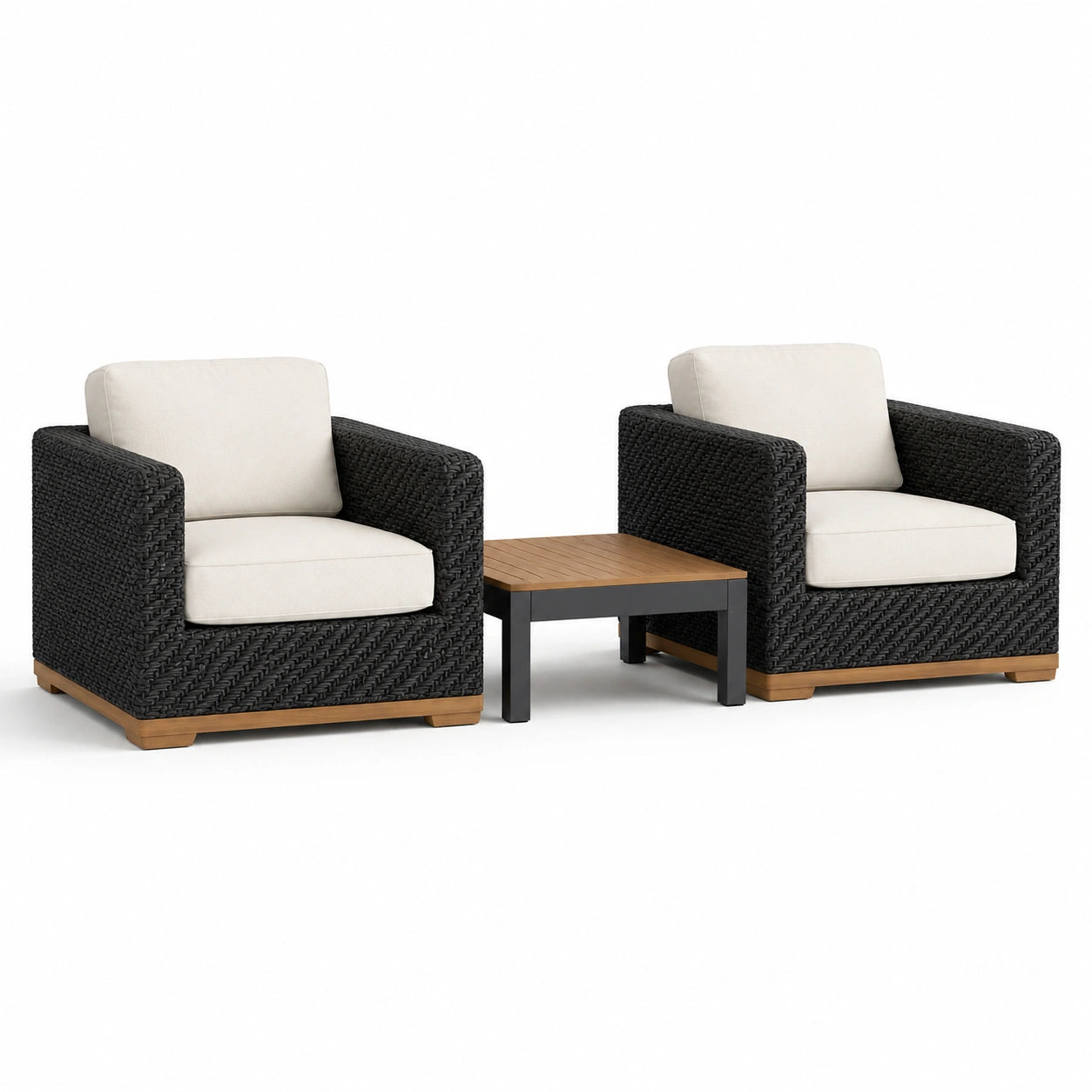 Ensemble 3 pièces noir, beige et marron avec 2 fauteuils de 86 × 84 × 79 cm et table de 60 × 60 × 43 cm
