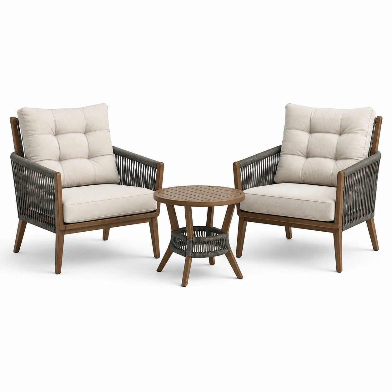 Salon de jardin 3 pièces avec 2 fauteuils 75 × 80 × 82 cm et table ronde Ø 60 × 50 cm – Brun, gris foncé et beige