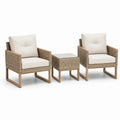 Salon de jardin 3 pièces, 2 fauteuils de 75 × 76 × 86 cm et table de 50 × 50 × 50 cm, résine tressée beige, coussins écrus et plateau en verre