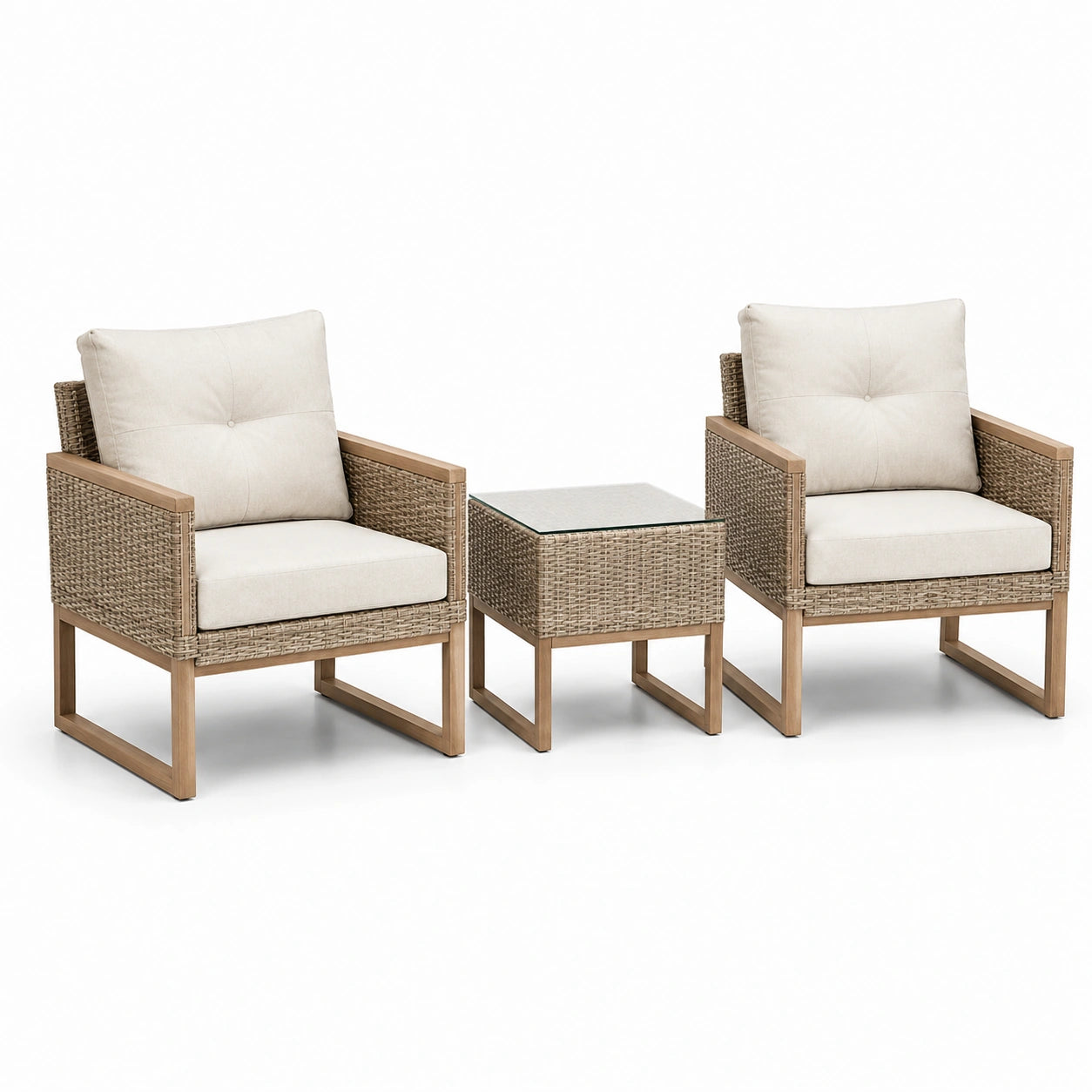 Salon de jardin 3 pièces, 2 fauteuils de 75 × 76 × 86 cm et table de 50 × 50 × 50 cm, résine tressée beige, coussins écrus et plateau en verre