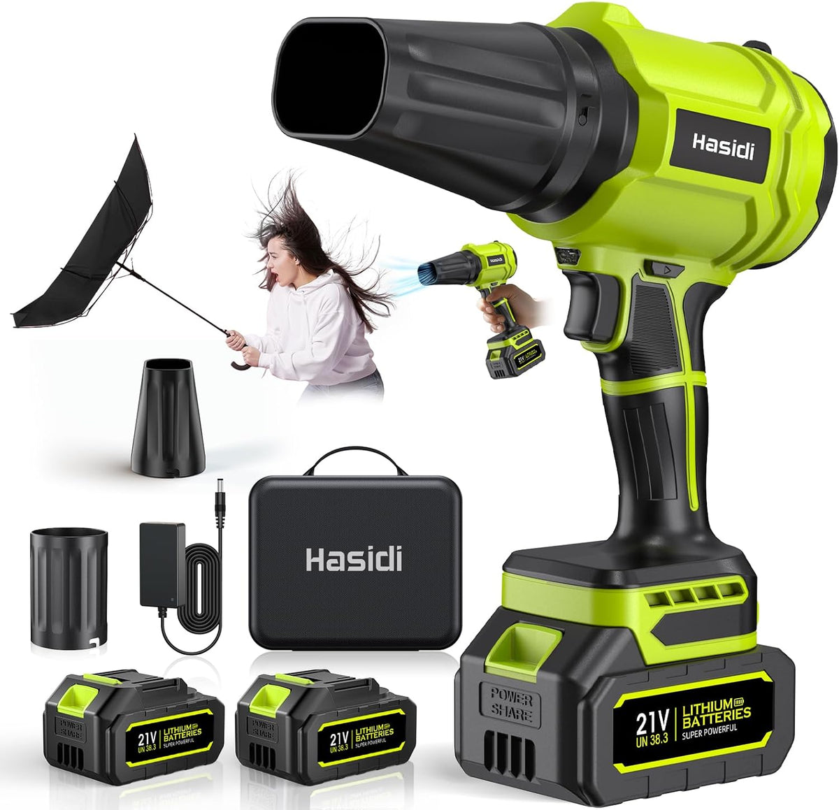 Souffleur de Feuilles sans Fil, 900 000 TR/Min, 2 Batteries, Chargeur et 2 Buses Incluses, pour Jardin, Terrasse, Voiture, Neige et Poussière, Vert