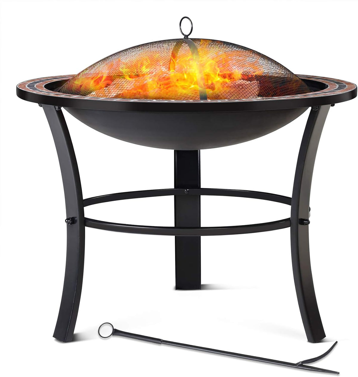 Deuba Brasero Rond Fuoco Ø 76 cm Acier laqué Pierres mosaïque Accessoires Couvercle Jardin terrasse feu Bois Charbon briquette Barbecue