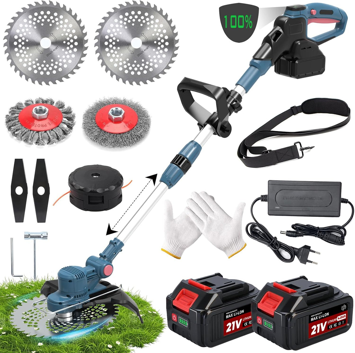 Coupe Bordure sans Fil avec Batterie, Coupe-Herbe 5 en 1 à Batterie-Moteur sans balais 750 W, Débroussailleuse avec 2×4,0 Ah 21 V