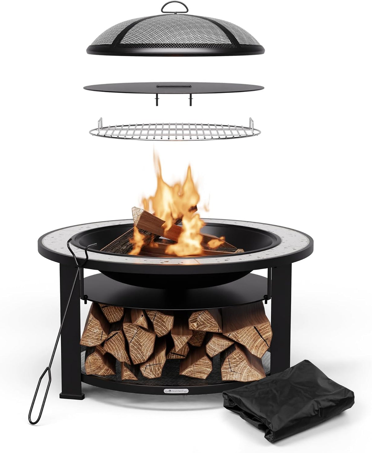 Blumfeldt Merano Circolo Brasero Exterieur - 3 en 1 Brasero, Barbecue & Table, Cadre en Acier Robuste, Plateau en Terrazzo, Grille