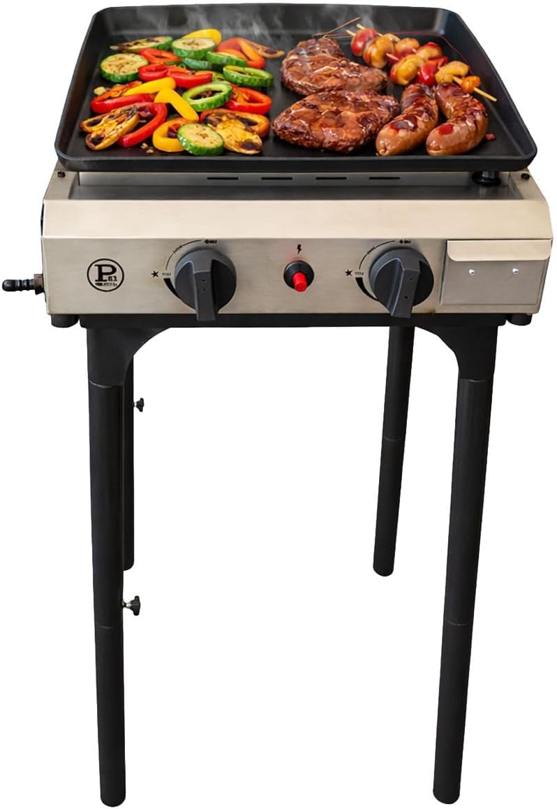 INTEC - Plancha gaz 4800W 2 Bruleurs Allumage Piezo Hauteur Réglable - Plaque de cuisson Céramique Camping Butane/Propane Cuisine Extérieure