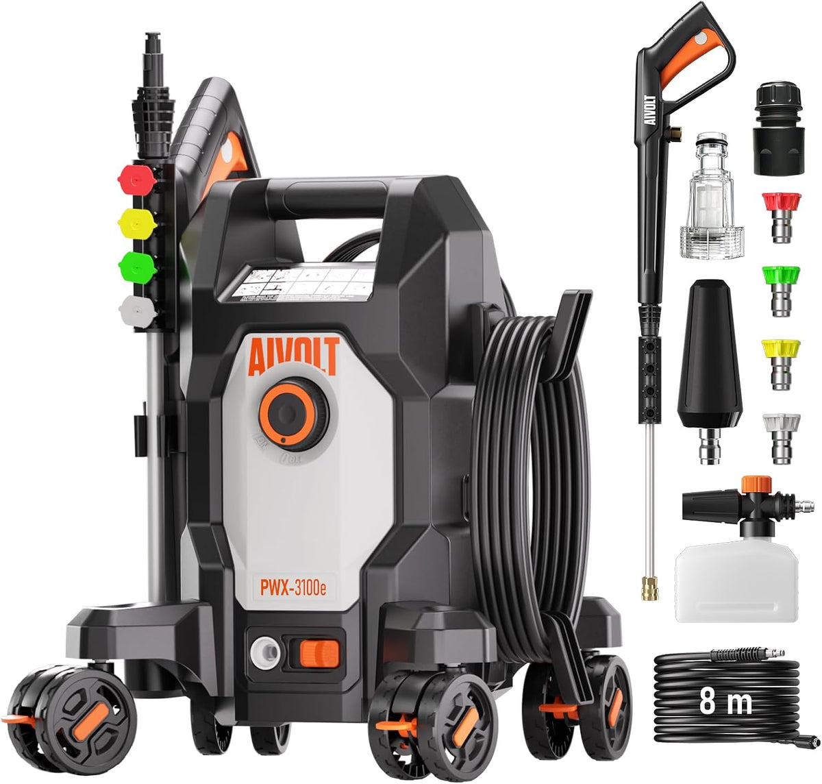 AIVOLT Nettoyeur Haute Pression 1800W, 170 Bars, avec 5 Buses à Modes Différents et Tuyau de 7,6 Mètres, Débit Maximal 360 L/H, pour Maison, Sols