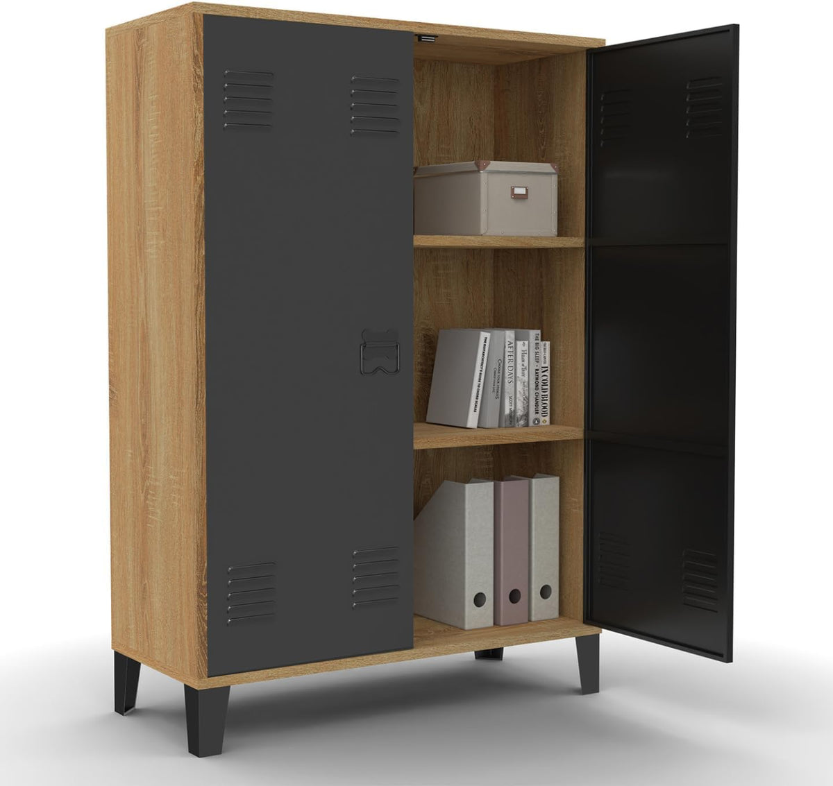 IDMarket - Armoire Basse Ester 2 Portes métal Noir et Contour Bois Design Industriel