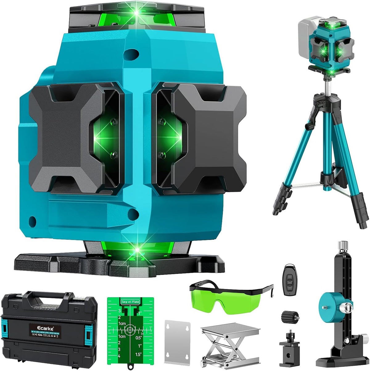 Ecarke 4D Laser à Lignes Croisées Vert, 16 Lignes, 4x360° avec Trépied, Compatible avec Batterie Ma-kita 18V