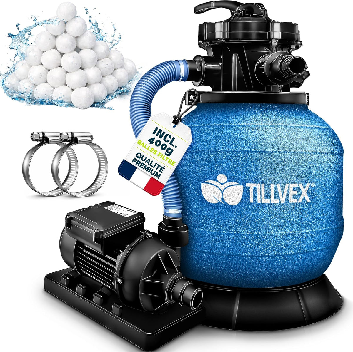 tillvex Système de Filtre à Sable 7.900L/h + 400g Boules de Filtre
