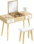 HOMCOM Coiffeuse avec Miroir et Tabouret, Table de Maquillage avec 2 tiroirs et Miroir Rabattable, Coussin rembourré, Bureau Coiffeuse
