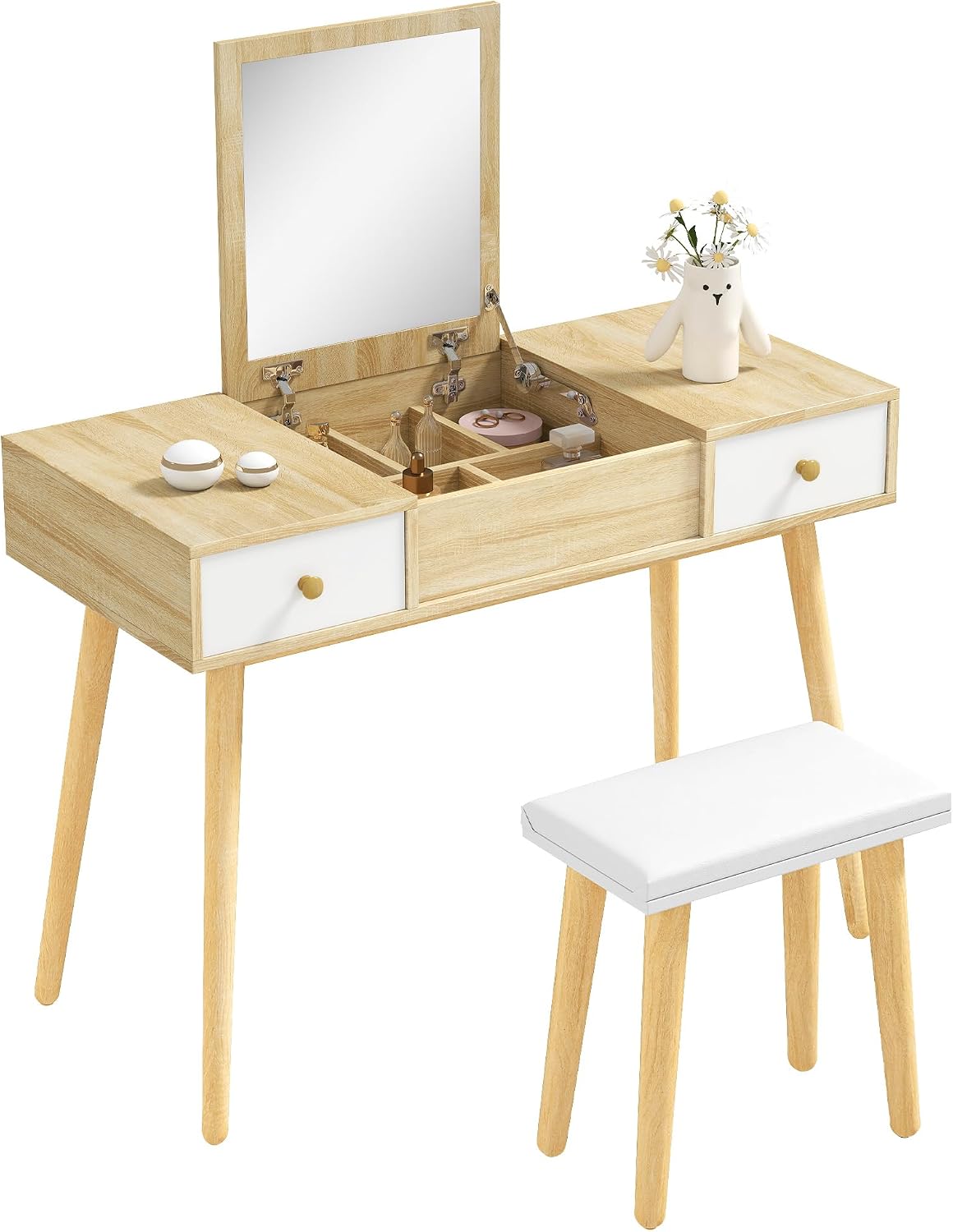 HOMCOM Coiffeuse avec Miroir et Tabouret, Table de Maquillage avec 2 tiroirs et Miroir Rabattable, Coussin rembourré, Bureau Coiffeuse