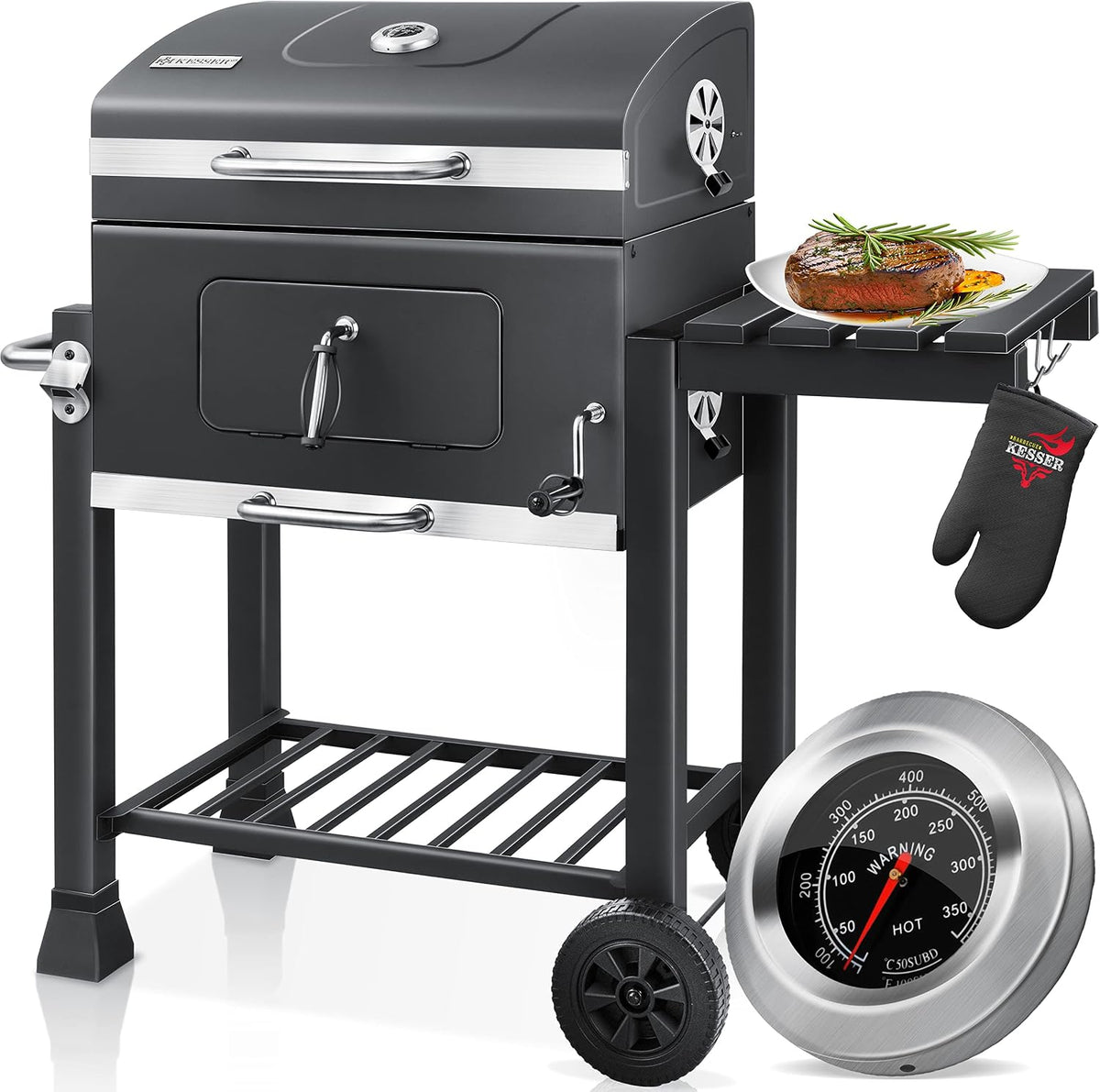KESSER Chariot à Barbecue, Grill XL à Charbon de Bois avec Couvercle, Roues, poignée en Acier Inoxydable, Grille et thermomètre
