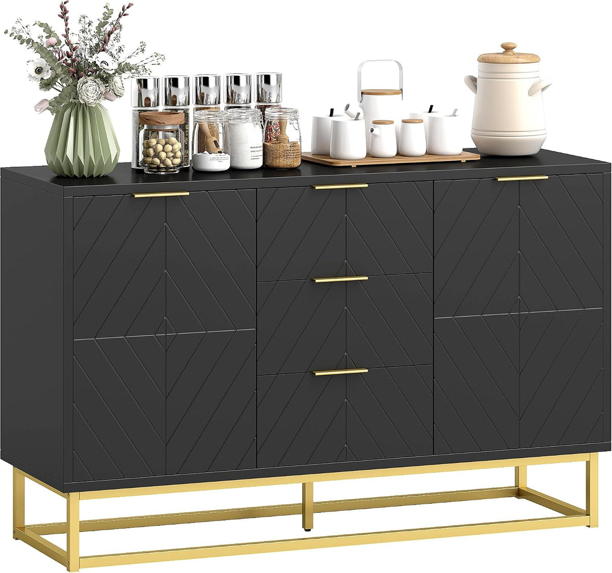 HOMCOM Buffet, Meuble Cuisine Rangement, Design Contemporain Graphique, 2 placards Porte, étagères réglables, 3 tiroirs coulissants