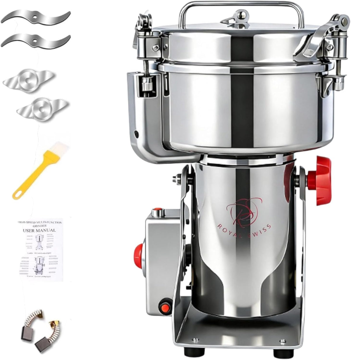 Royal Swiss Moulin à Grain Électrique 3000W 1000g, Broyeur Haute Vitesse en Acier Inoxydable, Moulin à Épices, Céréales, Café & Herbes, 70-300 Mesh