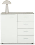 IDIMEX Buffet Salle à Manger Chicago L 91 cm en Bois Coloris béton et Blanc avec 4 tiroirs et 1 Porte, Meuble Rangement pour Cuisine ou Salle à Manger