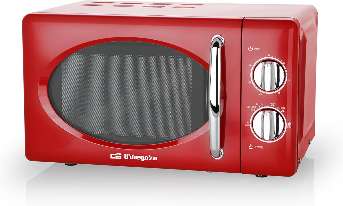 Orbegozo MI2020 Four à micro-ondes, 20 l de capacité, 6 niveaux de fonctionnement, minuterie jusqu'à 30 min, modèle vintage, 700 W, acier, rouge