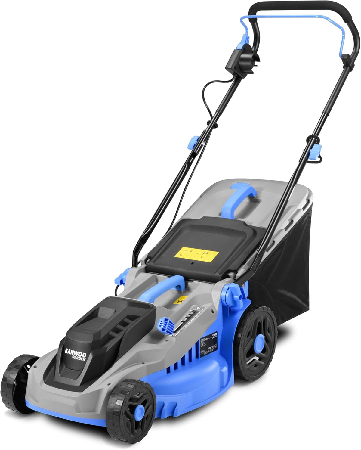 KANWOD Tondeuse à Gazon électrique, 1600 W, 38 cm Largeur de Coupe, Hauteur de Coupe réglable sur 5 Niveaux sur 30 à 75 cm, Bac ramassage 42 L